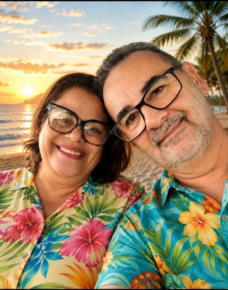 Denise e Gilberto, anfitriões do Vida Bela Lofts Cumbuco, sorrindo na praia ao pôr do sol